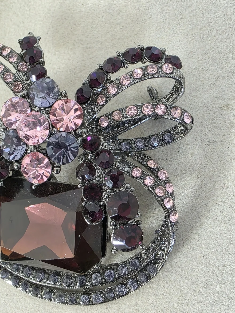 Purple & Pink Rhinestone Bow Brooch – Gunmetal Tone Statement Pin